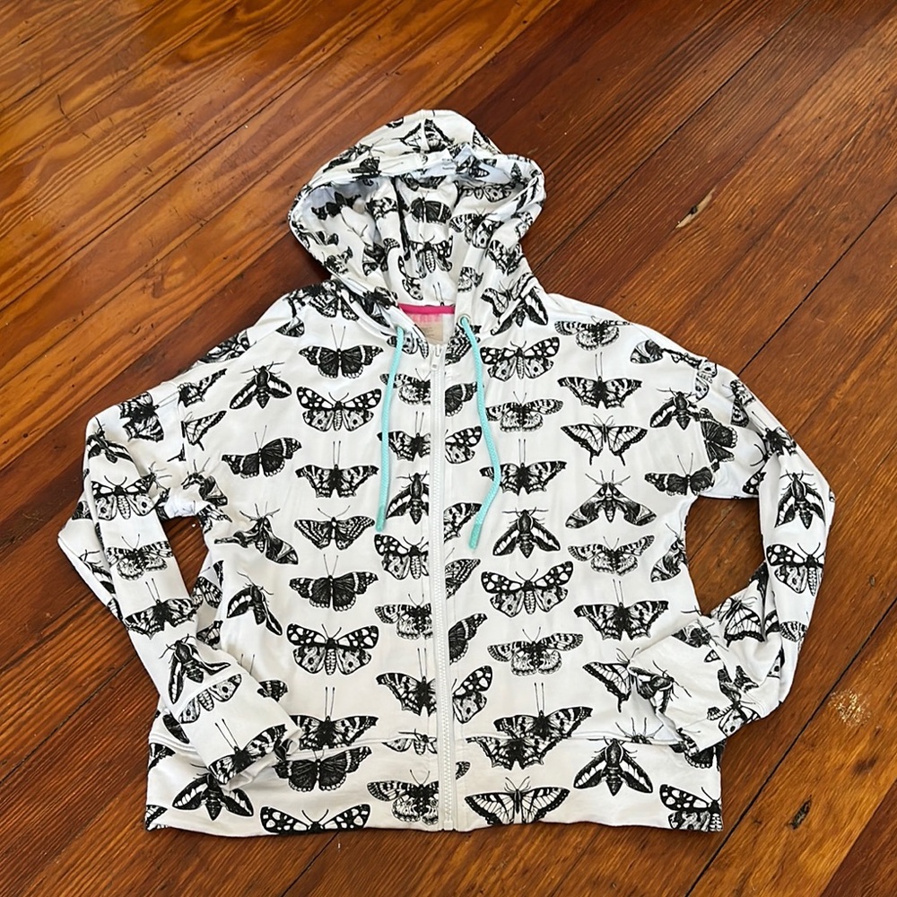 Terez Black Butterfly Print Hoodie with Blue Drawstrings